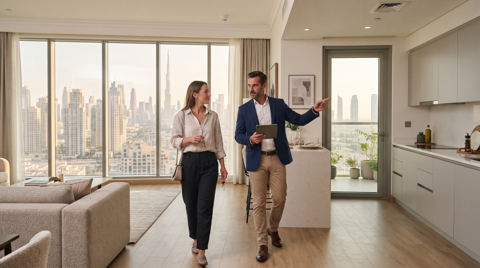 UK renter viewing a Dubai rental apartment with a property agent