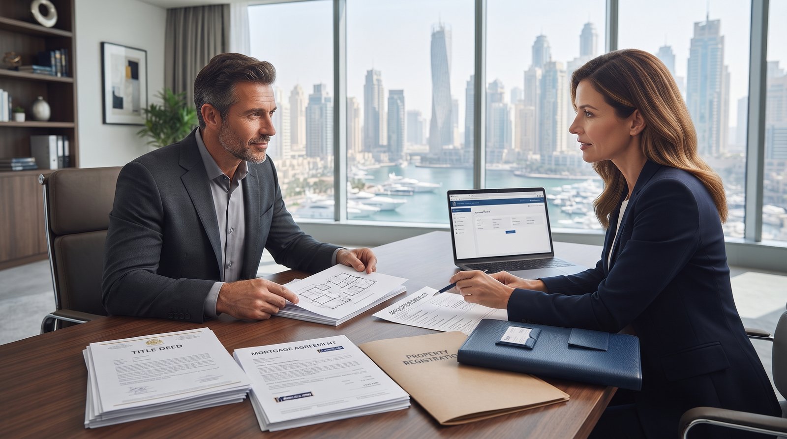 Dubai property investor reviewing mortgage and residency application documents
