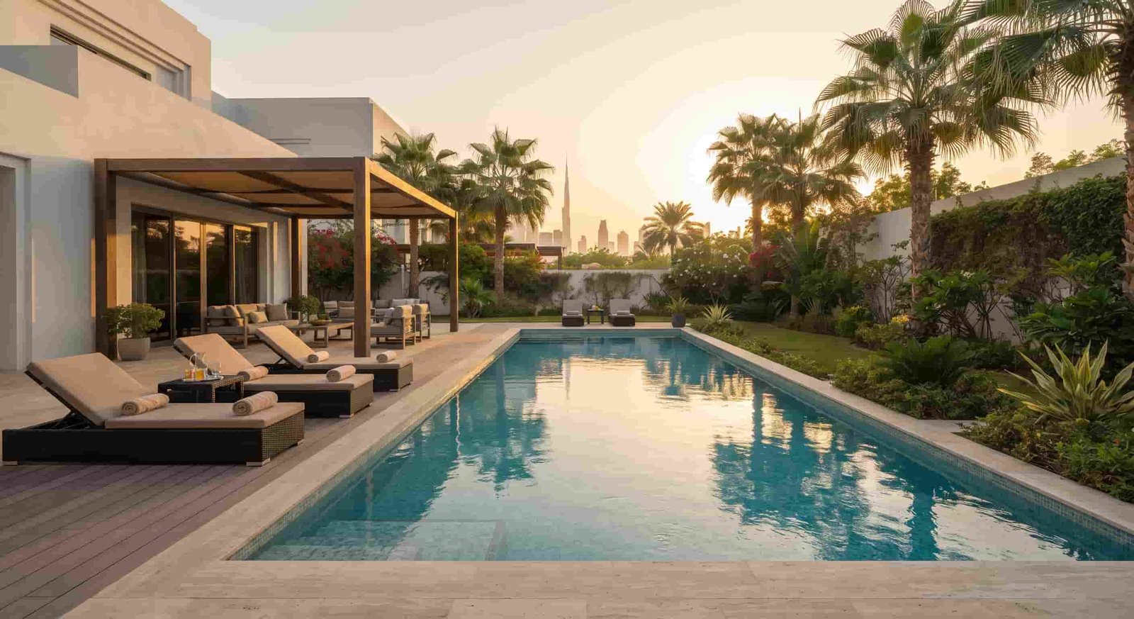 Garden and pool of a villa for rent in Emirates Hills