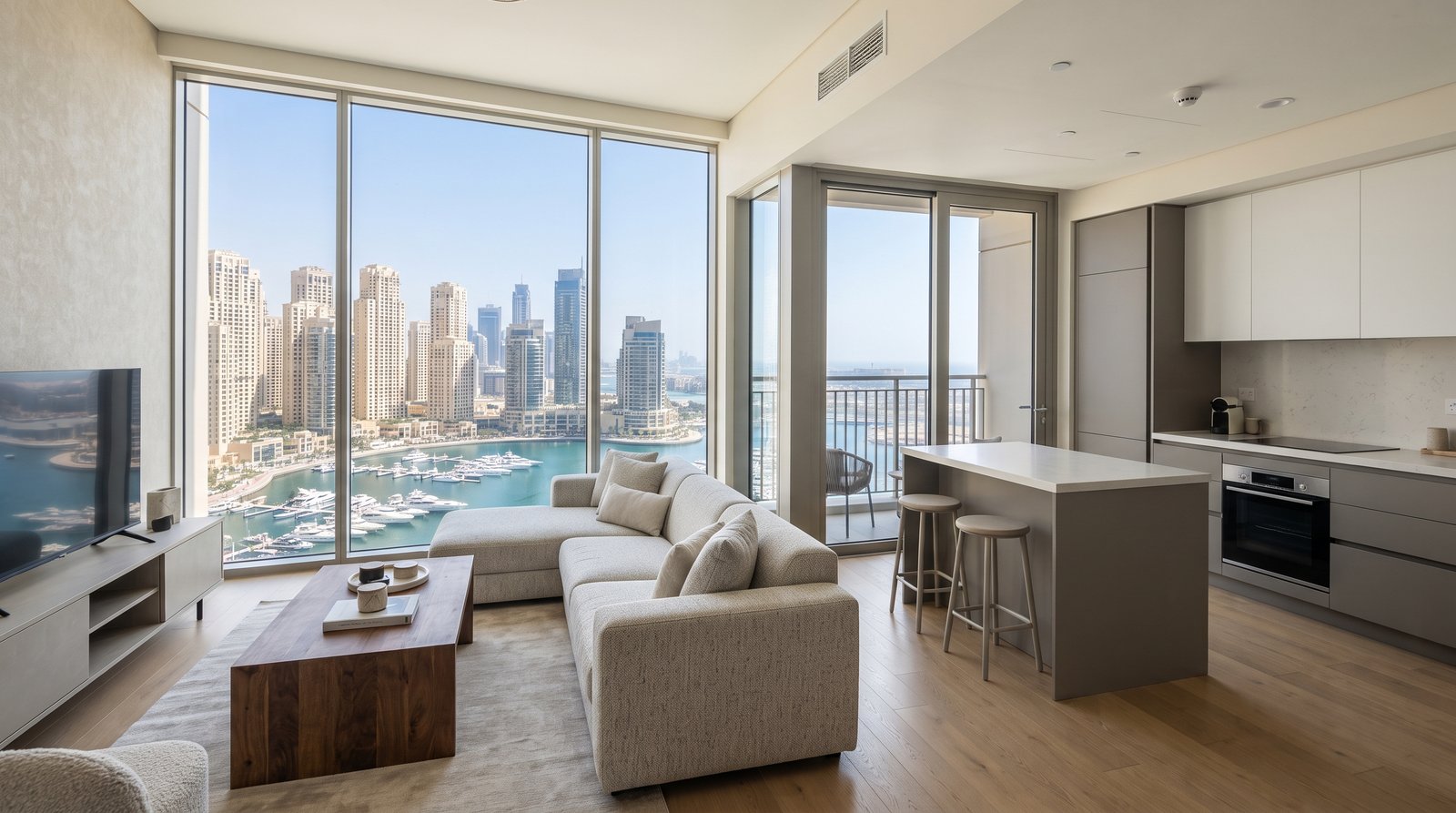Modern Dubai Marina apartment interior with Marina views