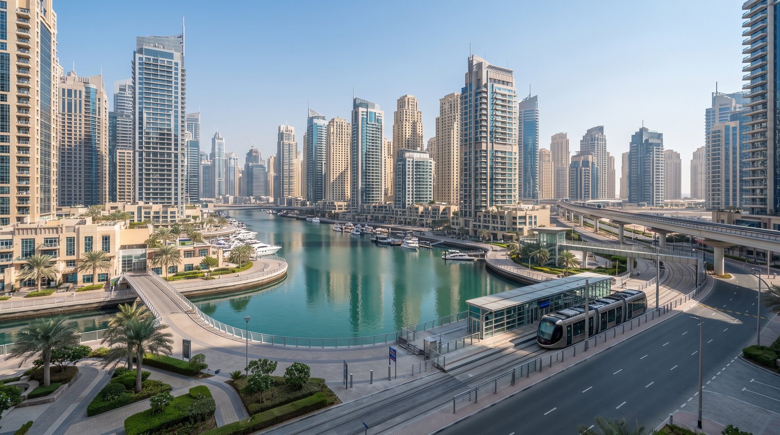 Dubai Marina residential towers near Metro and Tram transport