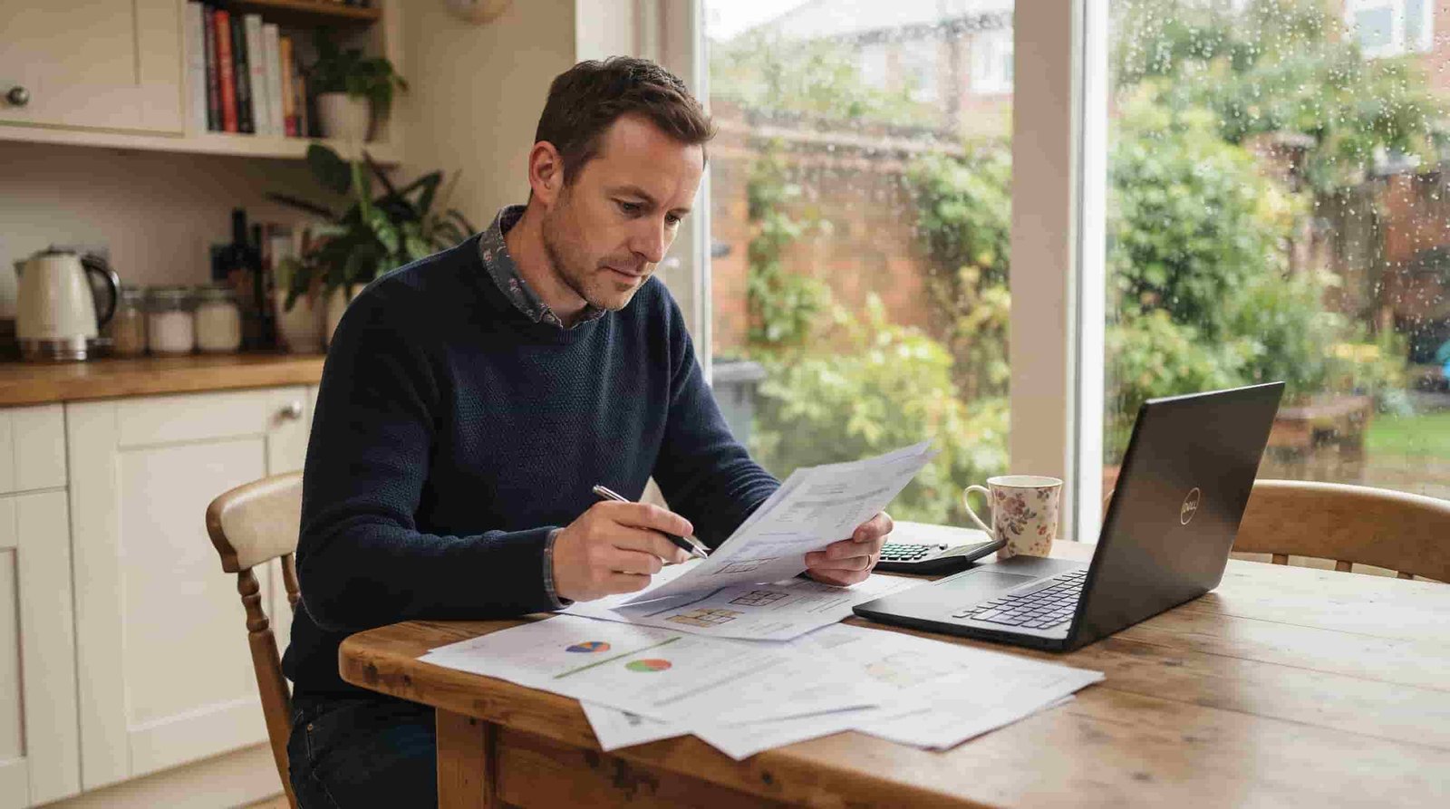 UK buyer reviewing documents for a Dubai house purchase at home