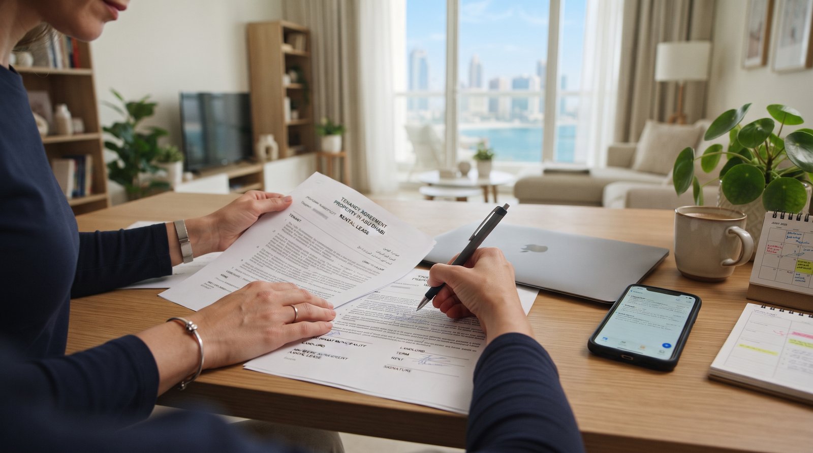 Tenant reviewing rental documents and housing details for an Abu Dhabi home rental