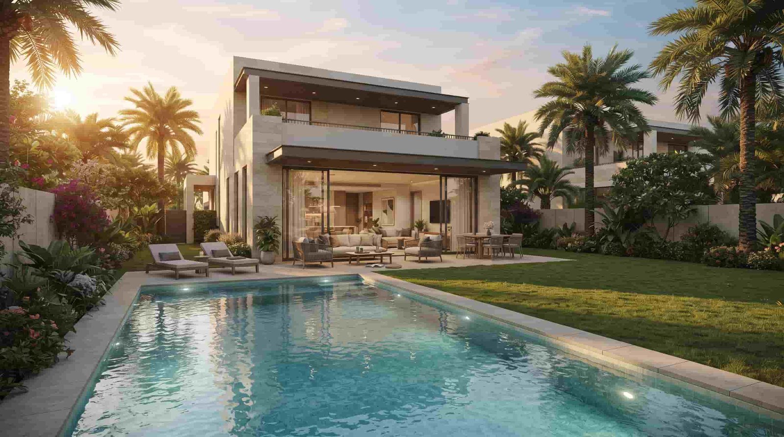 Dubai villa with a private garden and pool for family living