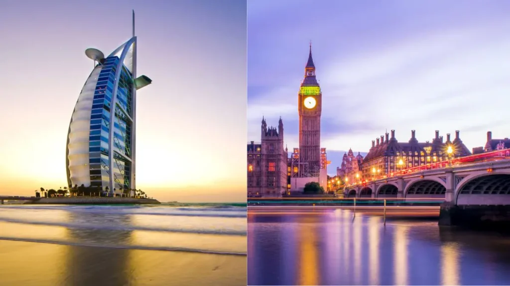Split image of Burj Al Arab Dubai and Big Ben London representing Dubai Property Show London