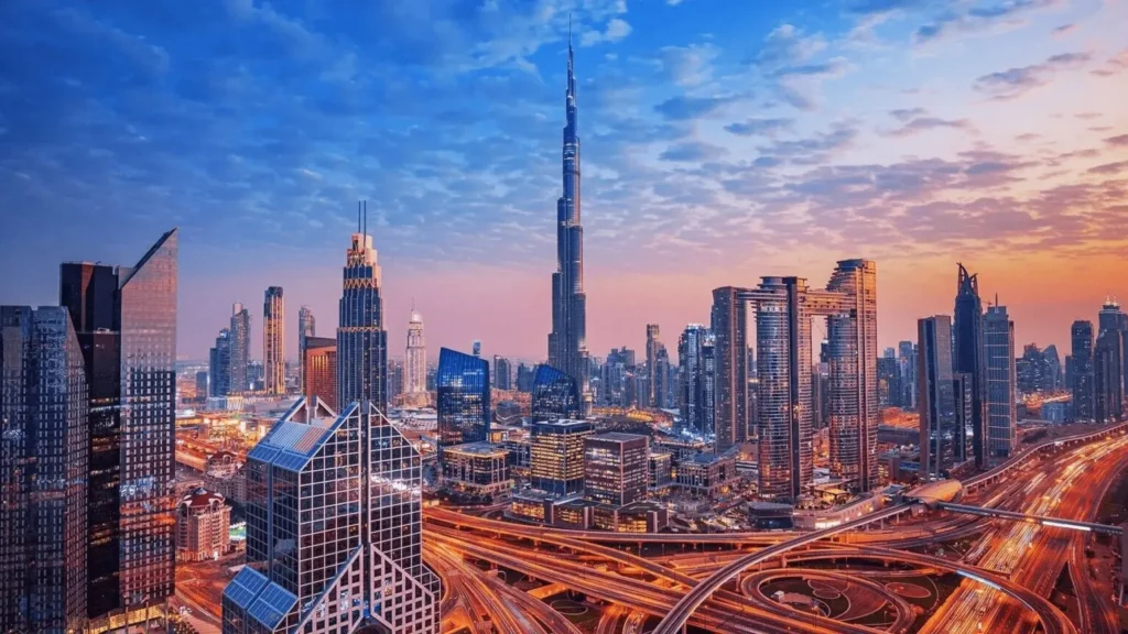 Dubai skyline at dusk featuring Burj Khalifa and Sheikh Zayed Road luxury towers